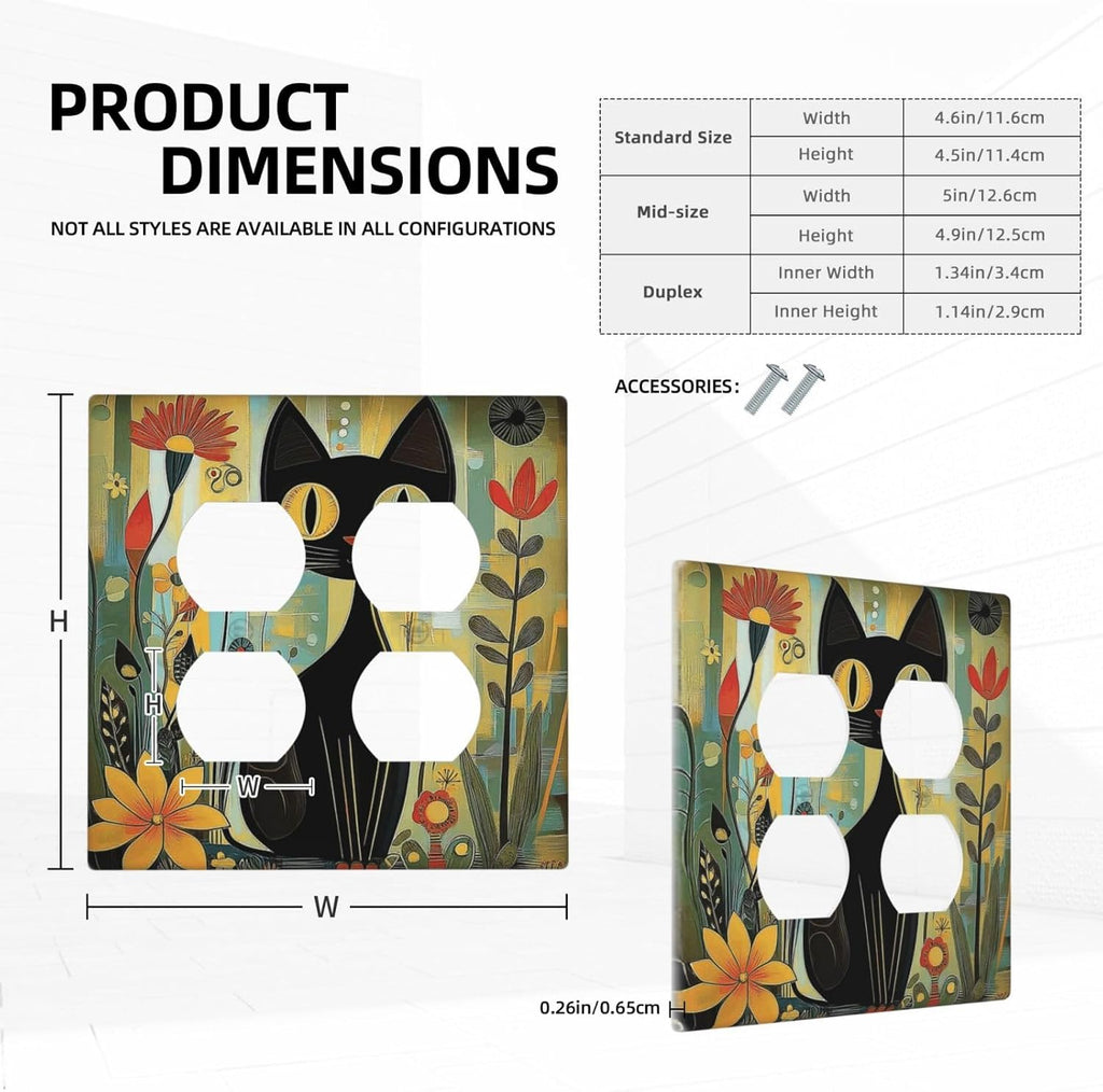 Funny Cat Retro Abstract Flowers Kitten Outlet Covers 2 Gang Double Duplex Decorative Light Switch Covers Electrical Wallplates Socket Faceplate For Kids Room Bed Room Decor
