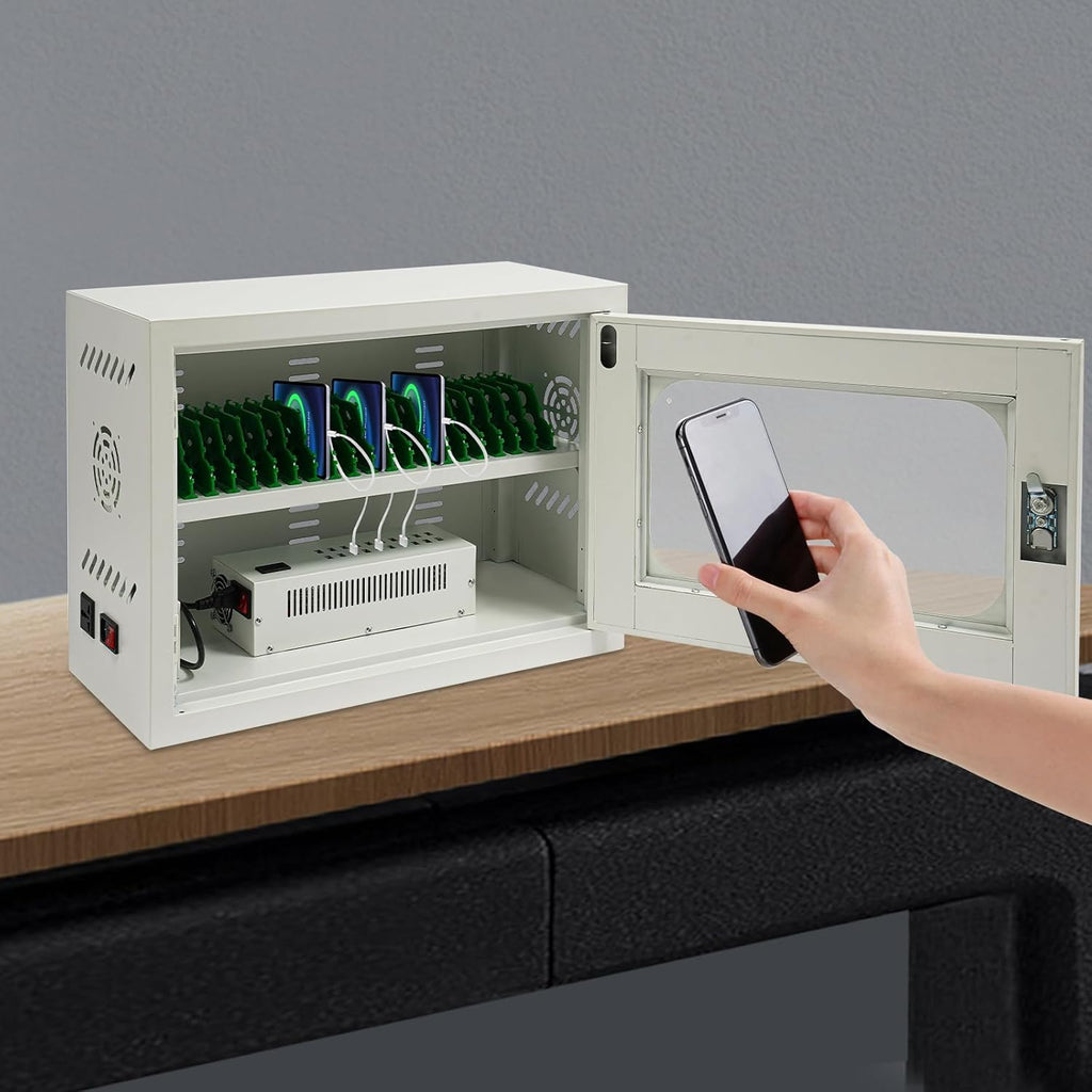 20 Device Charging Station Cabinet with Lock - 200W Multi-Port US Outlet for Phones & Tablets - Wall Mount/Desktop Secure Charging Locker for Schools, Gyms, Hotels - Tempered Glass Door (5V/2A Port)