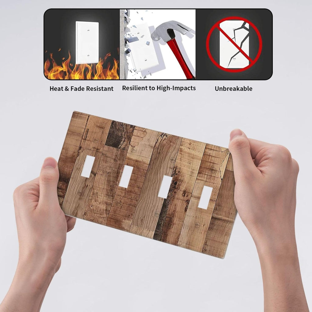 Light Switch Covers Rustic Brown Wood Grain Quad Toggle Electrical Faceplate 4 Gang Wall Plate Decorative Switch Plates for Farmhouse Kitchen Decor