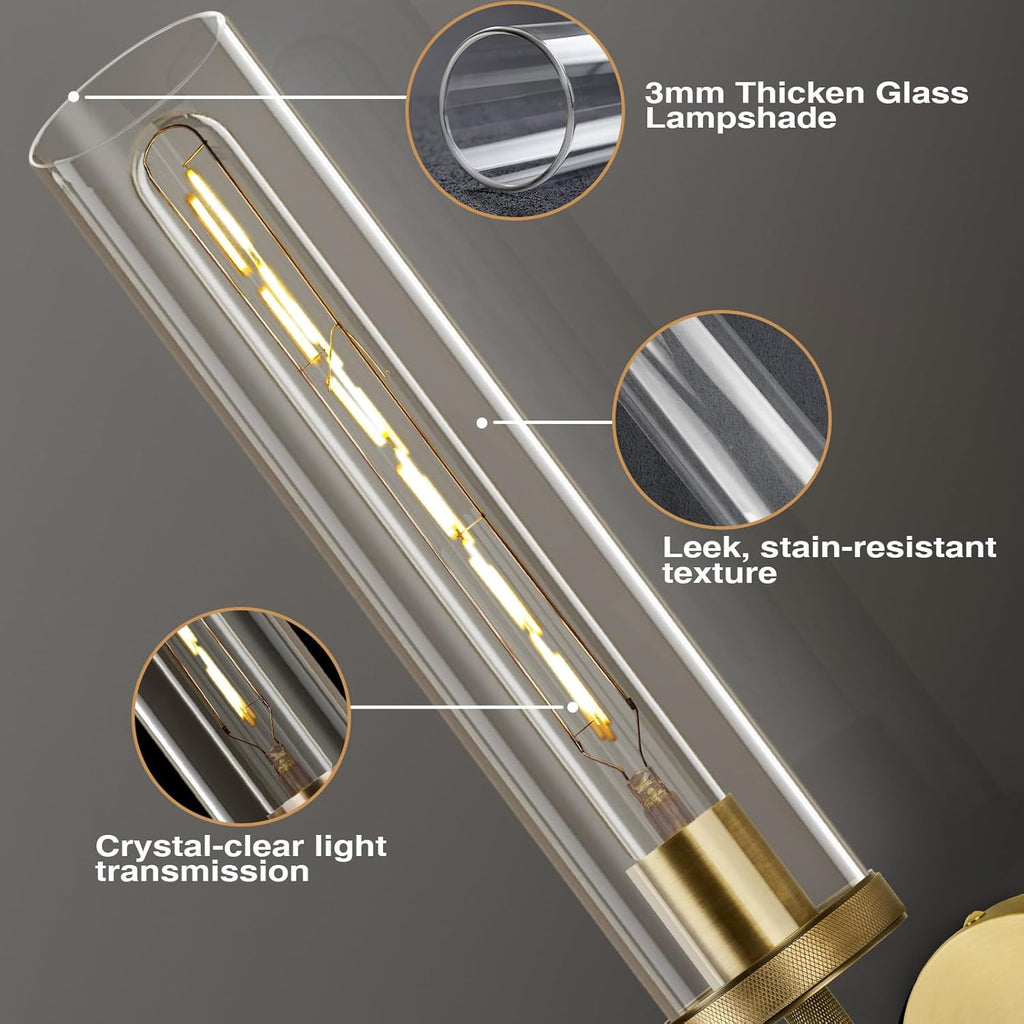 Brass Wall Sconce 19.48" Handcrafted Vintage Wall Lamp with Clear Glass Tube & Knurled Detailing, Sconce Lighting for Bedroom Bathroom Hallway Staircase Entryway, Dining Room Decor Lighting Fixture