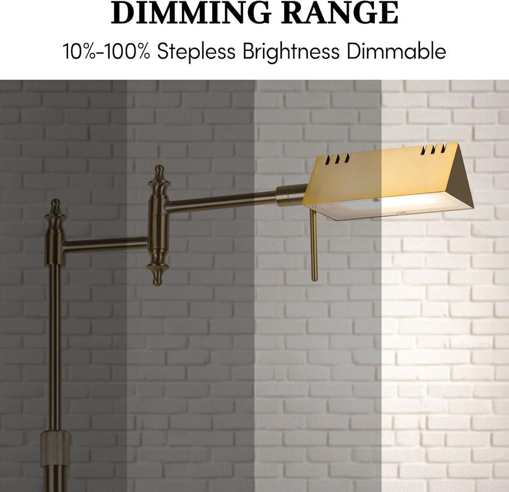 Dimmable Pharmacy Floor Lamp with Remote, 15W Gold LED Reading Floor Lamp with 360°Swing Arm, 3 Color Temperature, Height Adjustable Standing Task Lamp for Living Room, Bedroom, Office, Antique Brass