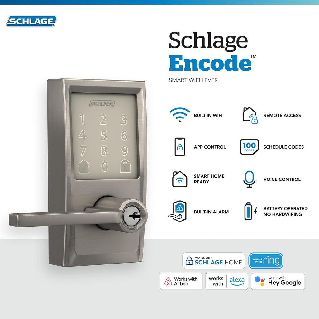 Schlage FE789WBCEN619LAT Encode Century WiFi Latitude Lever Smart Keyless Entry Touchscreen Door Lock, Satin Nickel