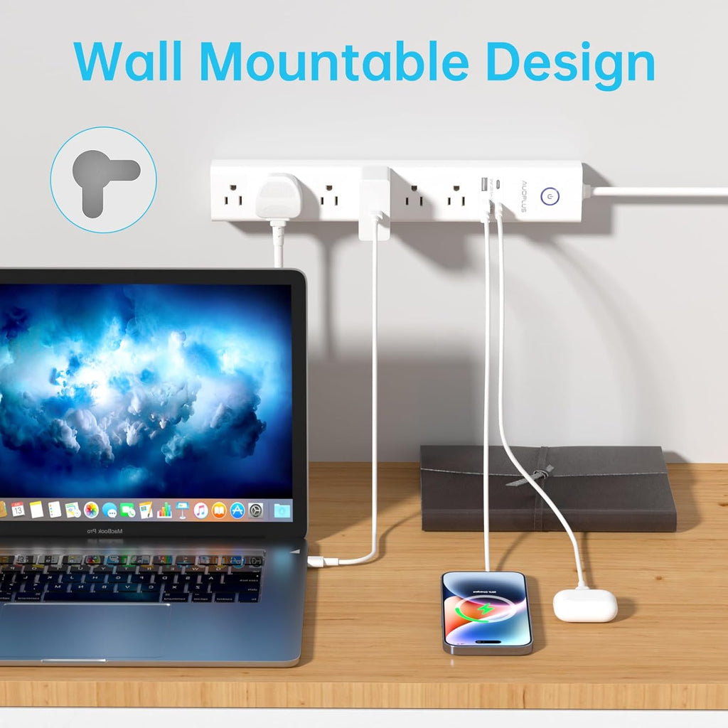 Power Strip Surge Protector with USB C Ports, AUOPLUS 6 Outlet and 4 USB Charger, 10FT Long Extension Cord Flat Plug(1250W/10A/2100J), Wall Mountable Overload Protection for Home Office Dorm