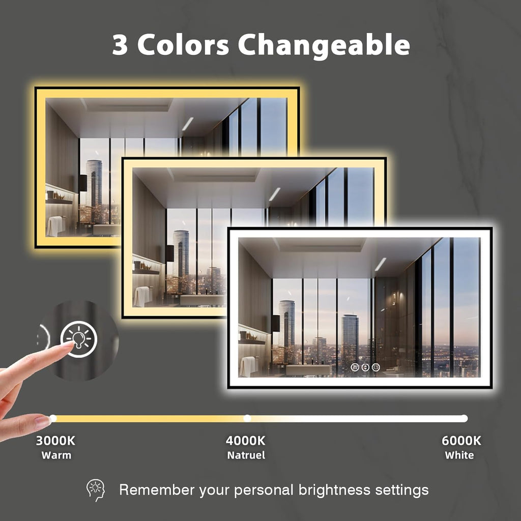 60x40 LED Mirror for Bathroom, Black Metal Framed, Vanity Mirror with Lights, 3 Color Modes, Dimmable CRI90+, Double Lights, Anti-Fog, Shatter-Proof, Waterproof, Memory (Horizontal/Vertical)
