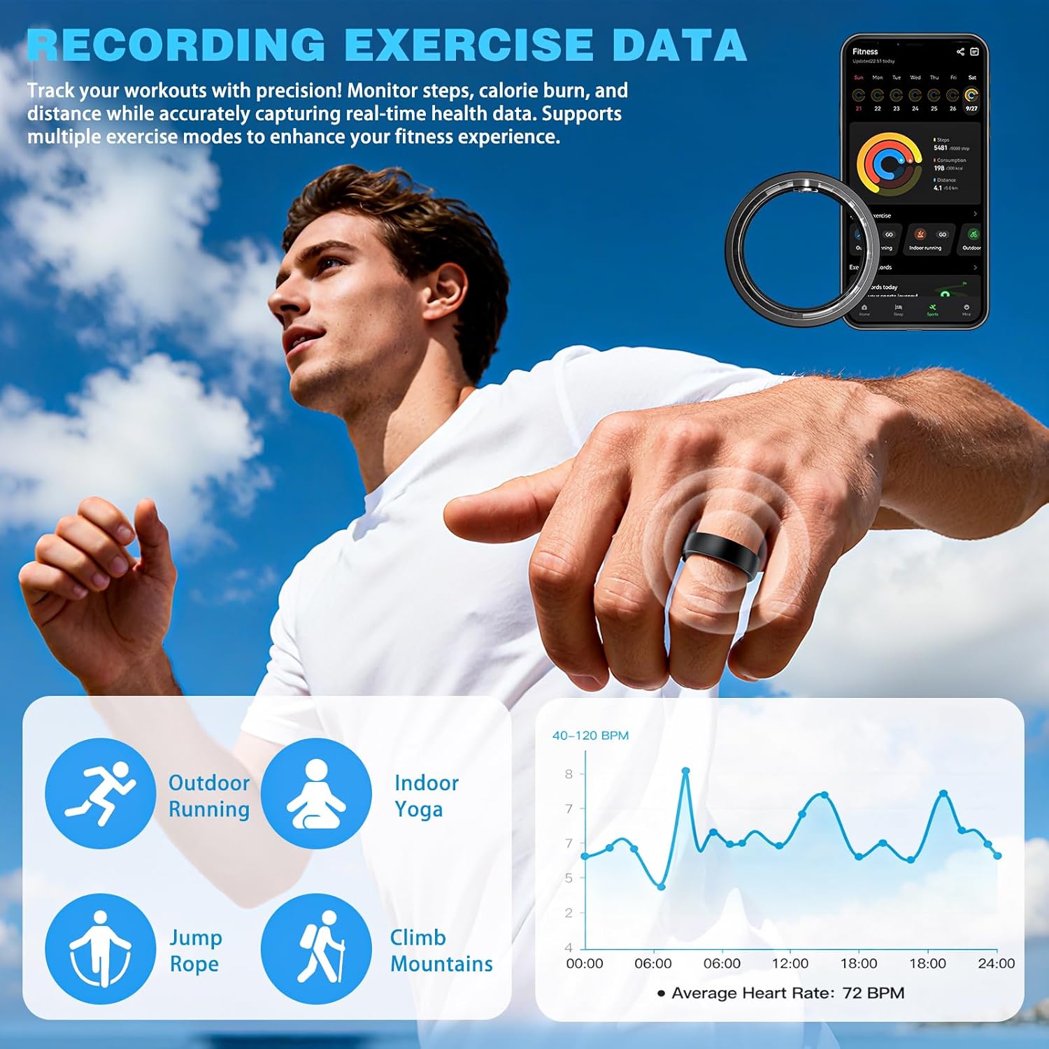 Smart Ring Health Tracker for Men Women - Sleep Tracker with Heart Rate, SpO2, Smart Health Ring for Women Men with Step Counting, IP68 Waterproof (Black 8)