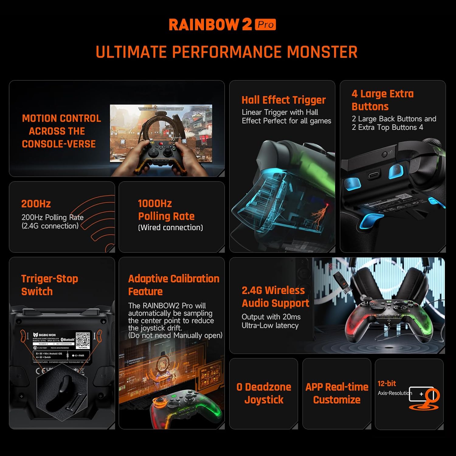 BIGBIG WON Wireless Controller, Rainbow 2 Pro PC Controllers Motion Aiming, Hall Triggers, ALPS Joystick, Custom Button, 3.5mm Audio Gaming Controller for PC Windows/Android/iOS/Switch Controllers