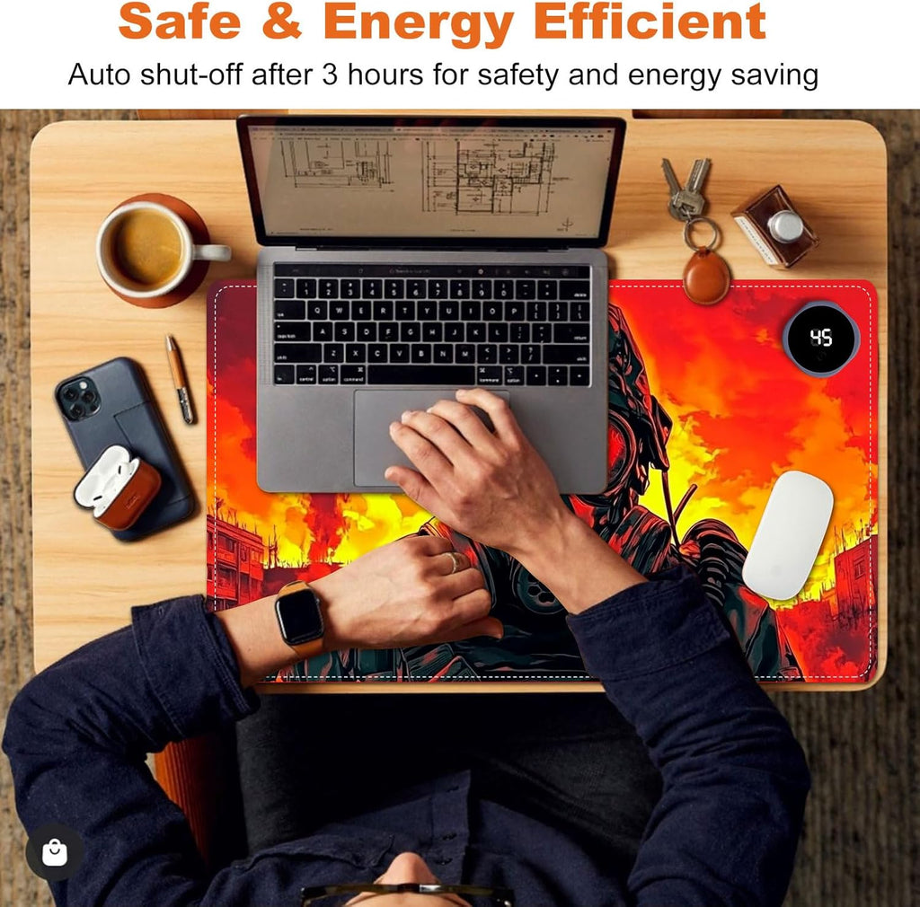 Small Heated Desk Pad 23.6" x 14.2" – Compact Electric Mouse Pad with 3 Heating Levels, Auto Shut-Off, Waterproof PU Surface, Plug-in Warmer for Office or Home Use, Mask Soldier