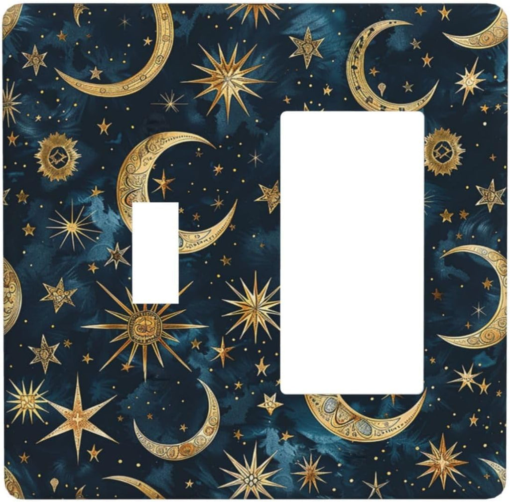 Outlet Covers Modern Abstract Sky Blue Gold Moon Sun Star 1 Toggle 1 Rocker Combination Decorative Wall Plate Electrical Switch Plates Light Switch Cover Plate for Bedroom Kids room Decor