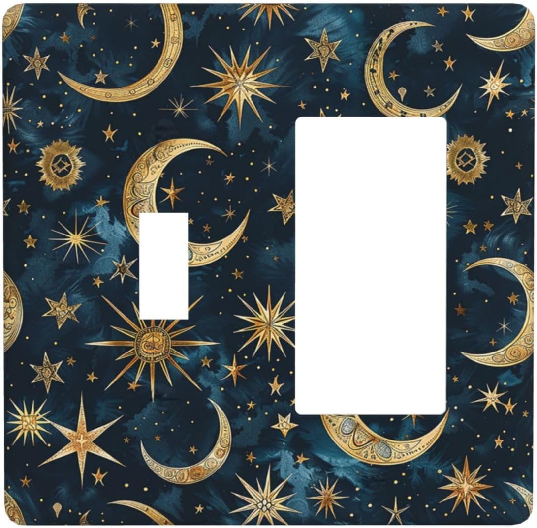 Outlet Covers Modern Abstract Sky Blue Gold Moon Sun Star 1 Toggle 1 Rocker Combination Decorative Wall Plate Electrical Switch Plates Light Switch Cover Plate for Bedroom Kids room Decor