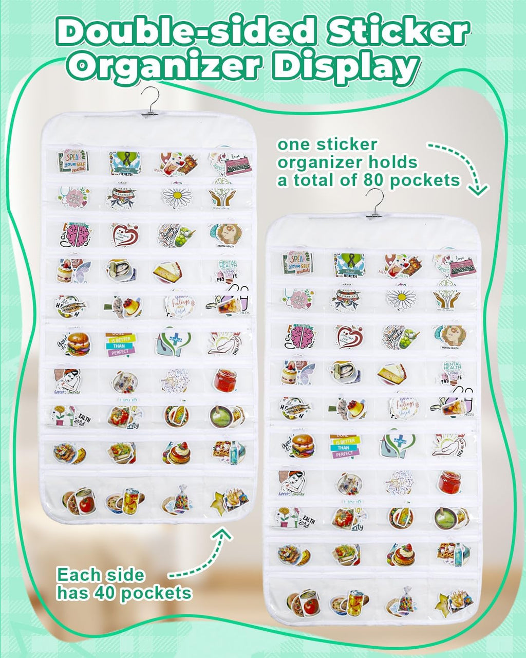 UCEC 2Pack Hanging Sticker Display Stand Double-Sided 80 Pocket Hanging Sticker Holder Organizer with Transparent Pockets, Portable Sticker Store for Classroom, Vendors, and Jewelry Organizer (White)