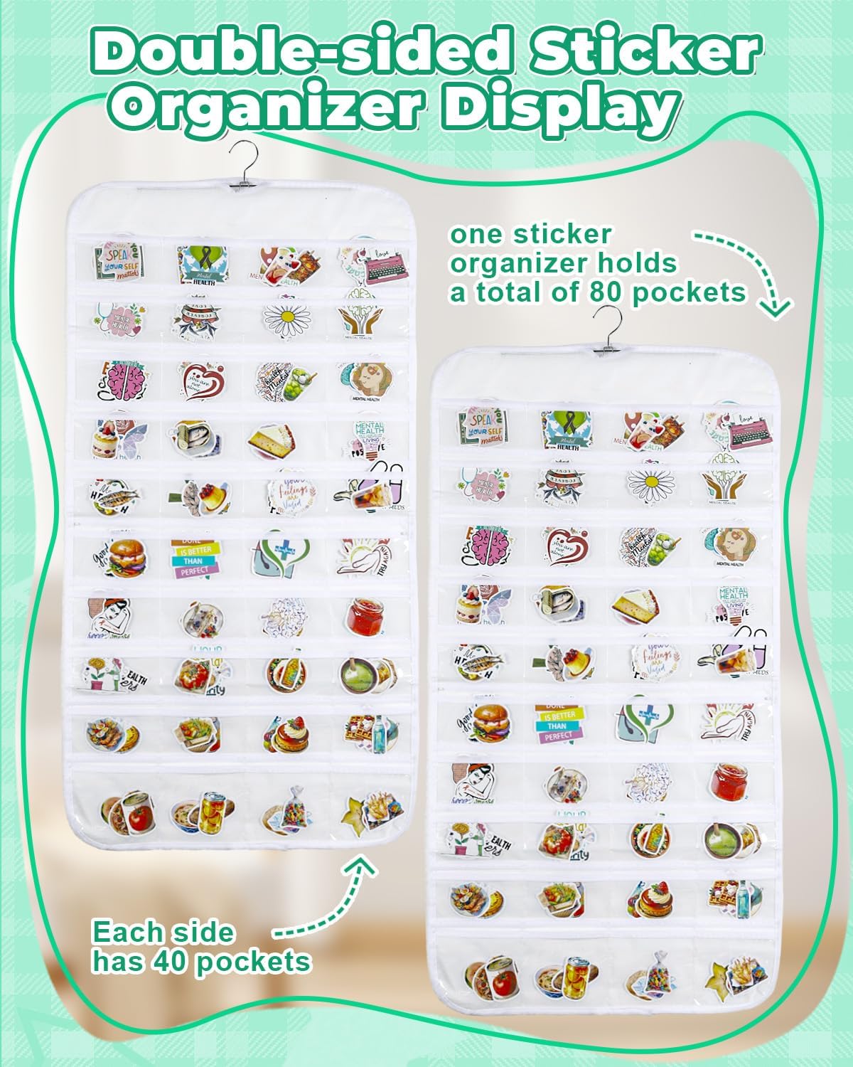 UCEC 2Pack Hanging Sticker Display Stand Double-Sided 80 Pocket Hanging Sticker Holder Organizer with Transparent Pockets, Portable Sticker Store for Classroom, Vendors, and Jewelry Organizer (White)