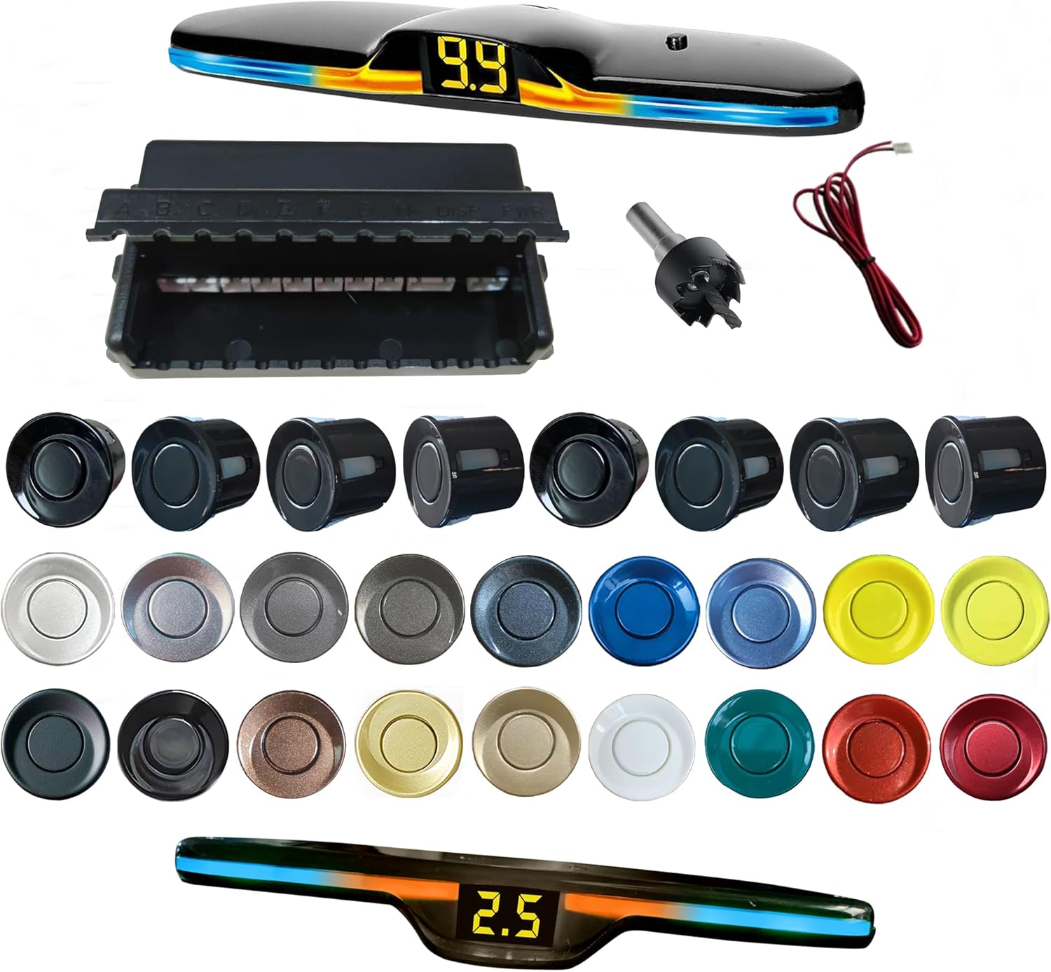 New Features Forward and Reverse Parking sensors, Option to Measure Distance in inches, bidirectional Display Option, and Customizable Digital Direction（Black）