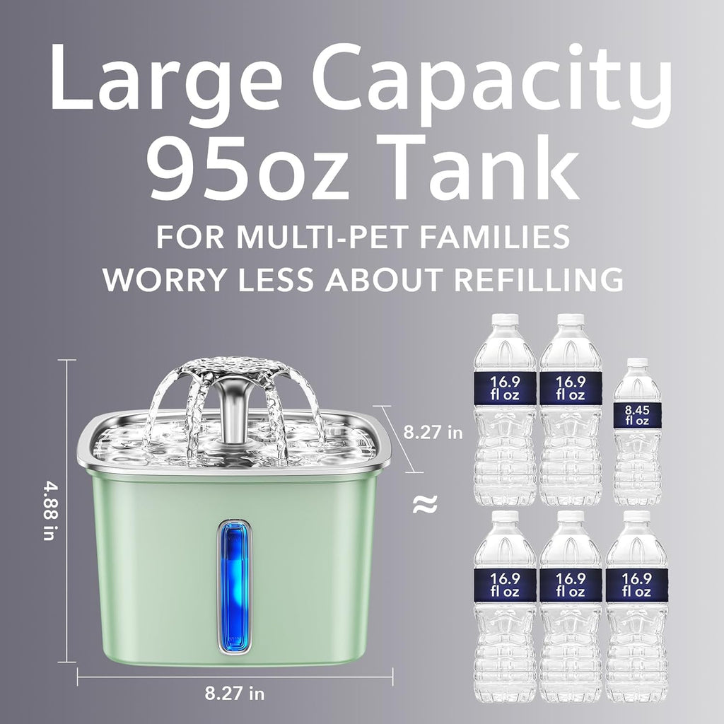 Veken Innovation Award Winner Stainless Steel Cat Water Fountain, 95oz/2.8L Automatic Pet Fountain Dog Water Dispenser with Replacement Filters & Silicone Mat for Cats, Dogs, Multiple Pets (Tea Green)