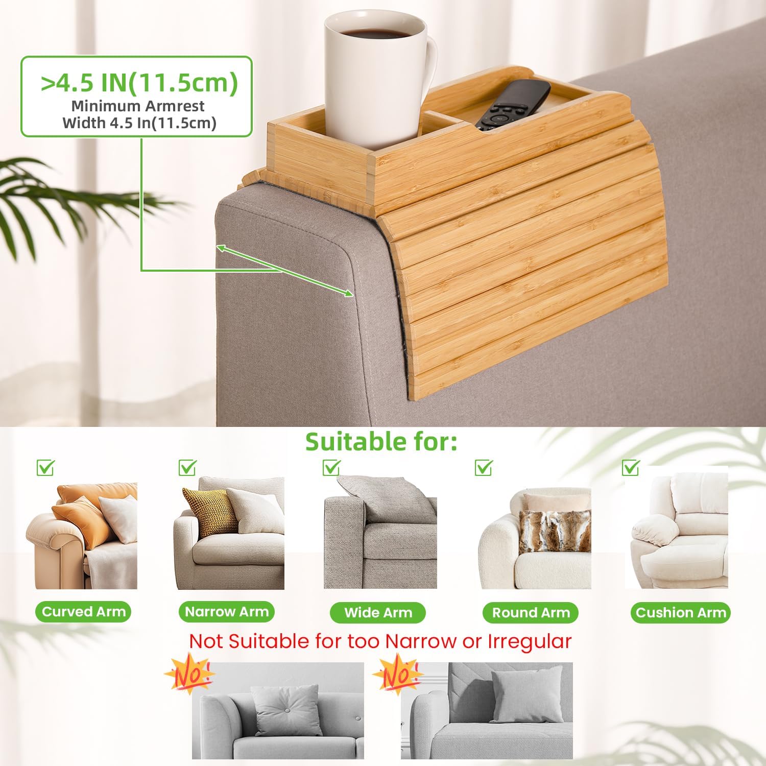 GEHE Couch Cup Holder, Anti Falling Sofa Arm Tray, Natural Bamboo Sofa Cup Holder More Safe for You Family, Portable Couch Arm Tray Armrest Table for Remote, Snacks, Phone, Drinks