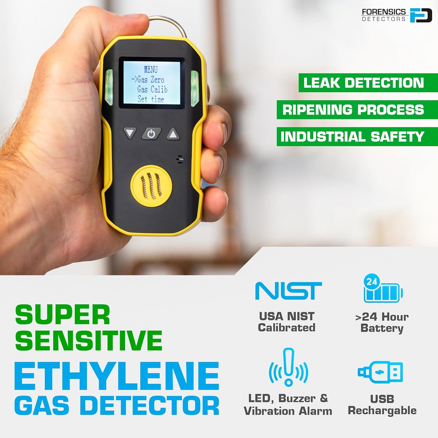Ethylene Gas Detector (C2H4) by Forensics | USA NIST Calibration & Certificate | USB Recharge | Sound, Light and Vibration Alarms | 0-100ppm C2H4 |