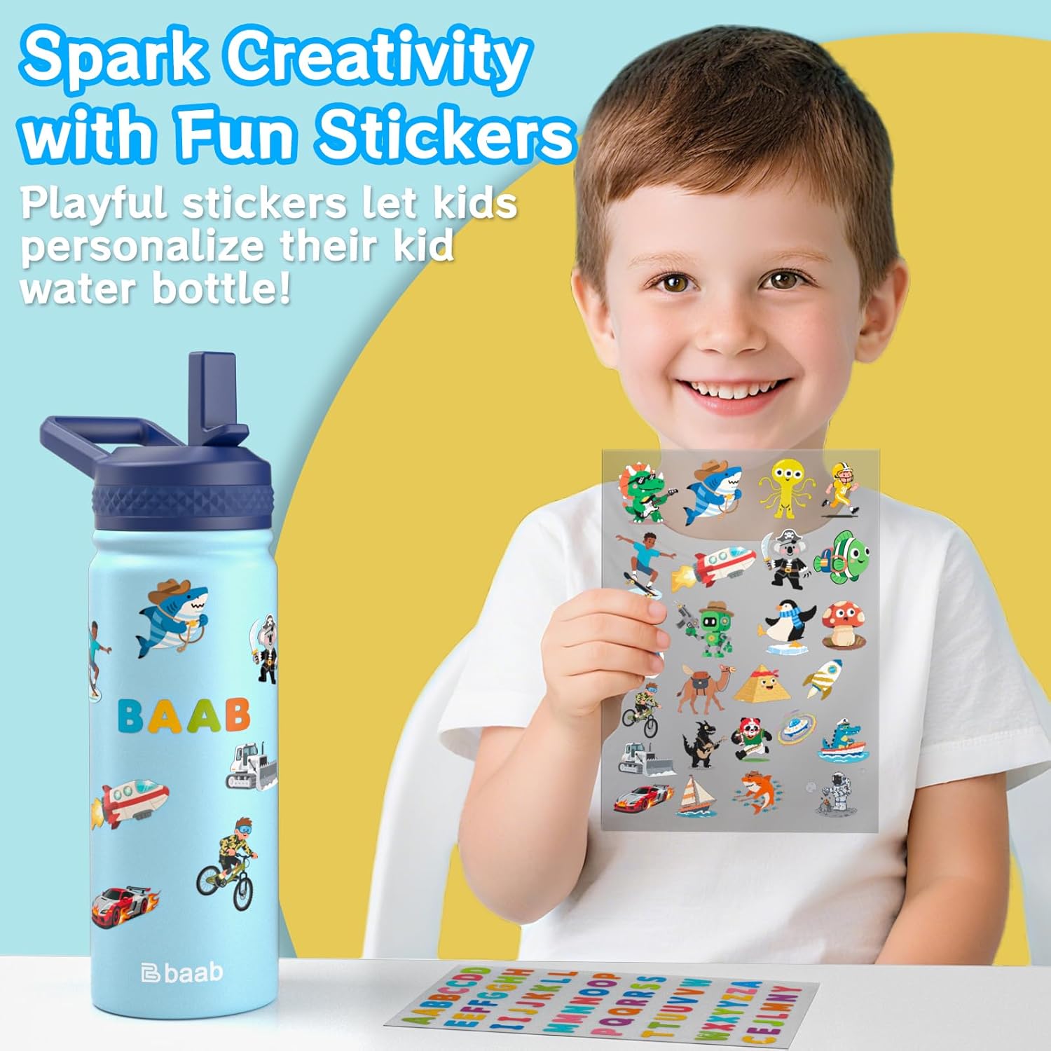 baab 18oz Kids Water Bottle, Insulated Water Bottle with Straw & Stickers, 18/8 Stainless Steel Vacuum Leakproof Kids Water Straw Cup for School, Perfect for Boy Girl (Light Blue+Pink, 2 Pack)