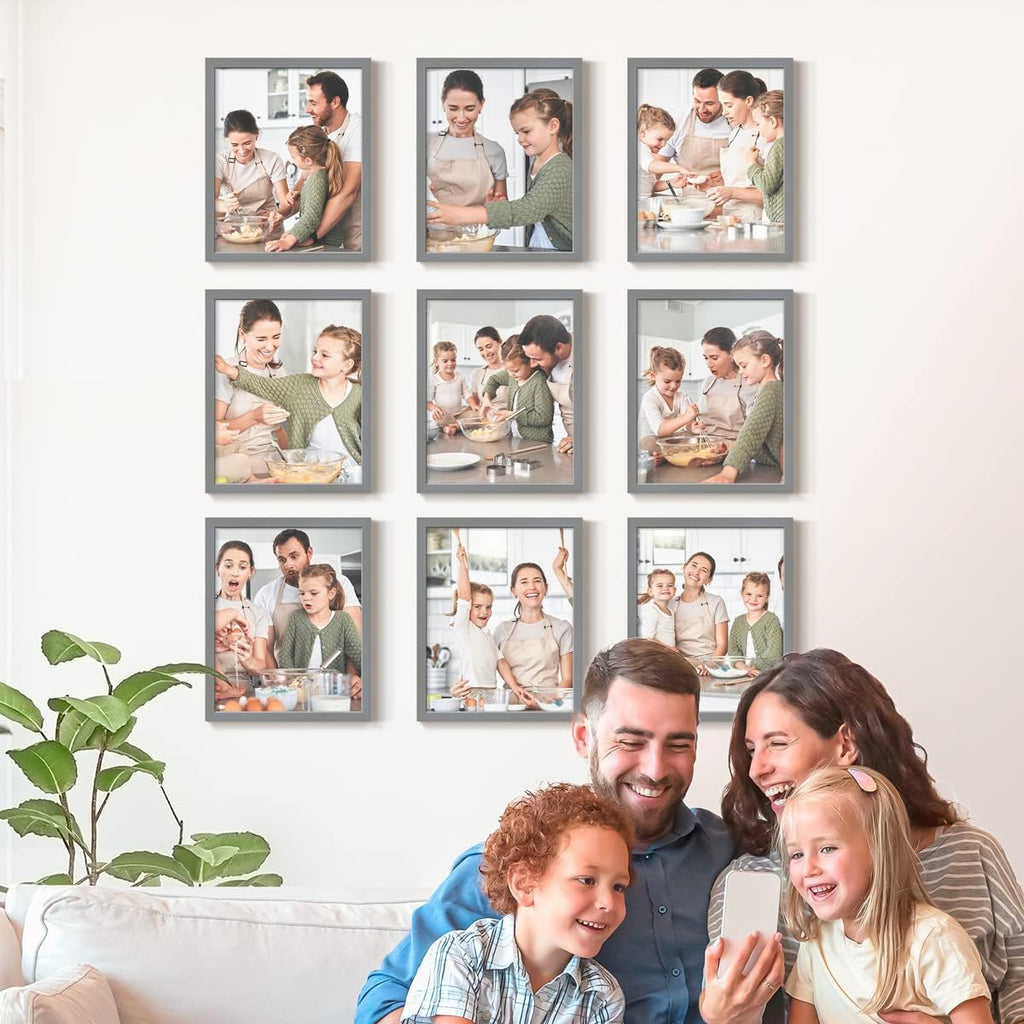 Renditions Gallery Set of 9, 11X14 Custom Photo Prints with Real Wood Picture Frames. Create Personalized Photos with Peel & Stick Photo Frames. Gray Frame