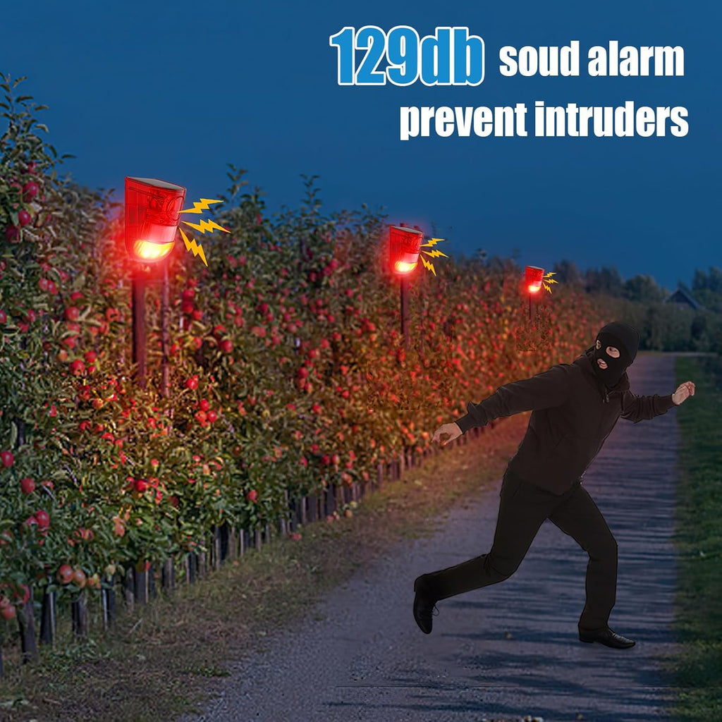 Qualirey 8 Pack Solar Sound and Light Alarm Motion Sensor 129db Outdoor Security Siren Waterproof Motion Activated Detector Alarm 6 LEDs Flash Warning Strobe System for Home, Farm (Red)