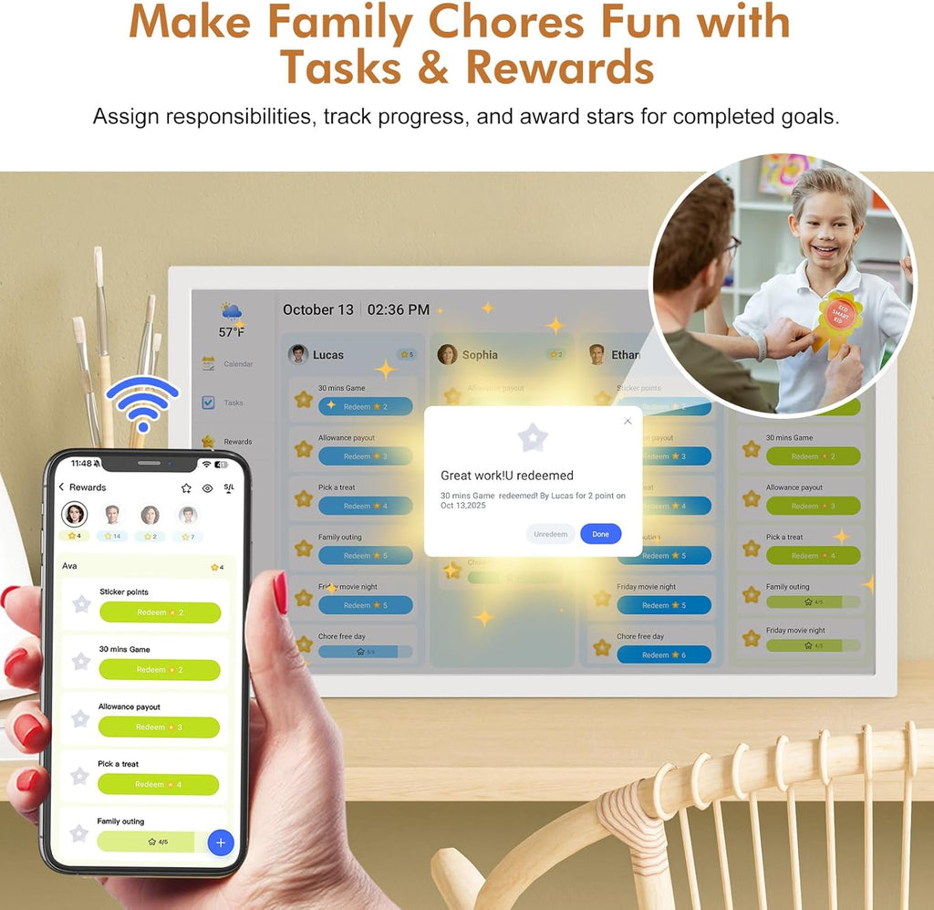 Digital Calendar Wall Planner 24"-Touchscreen-Chore-Chart - Smart Electronic Calendar for Family Schedules Meal Planner, To Do List Notepad, Streamline Household Organization, Wall Mount White