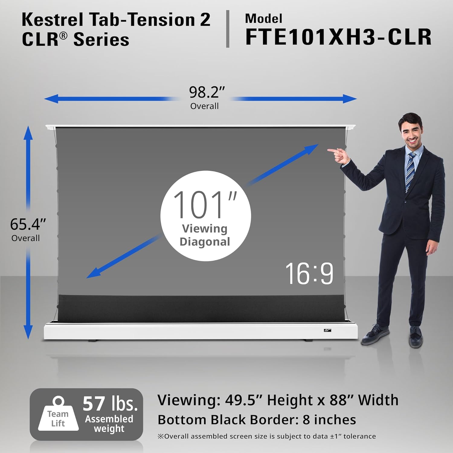 Elite Screens Kestrel Tab-Tension CLR, 101 inch 16:9, Ultra-Short Throw Ceiling Ambient Light Rejecting ALR Electric UST Floor-Rising Projection Motorized Front Projector Screen, FTE101XH3-CLR, White