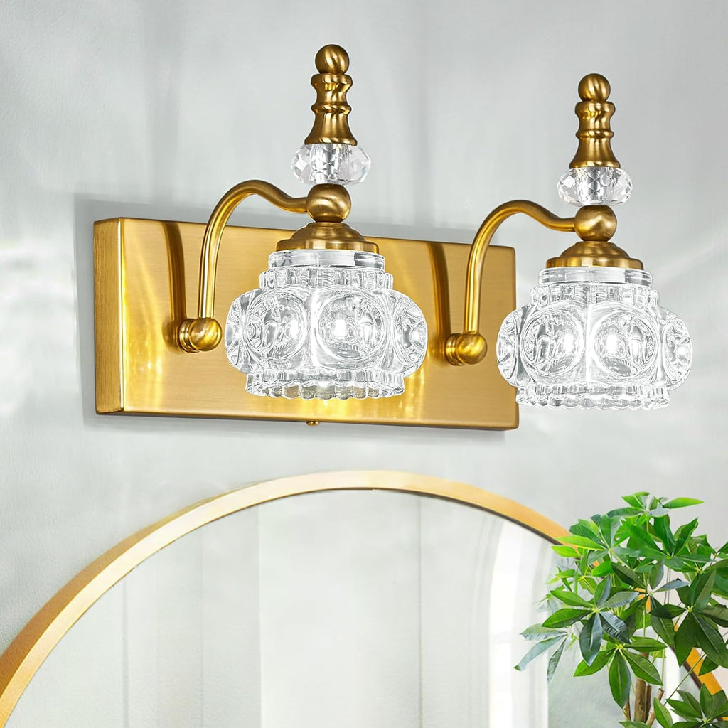 Modern Glass Crystal Vanity Light - Vintage Bathroom Lighting Fixtures Over Mirror, 2 Light Vanity Lights G9 Bulb (11.81 Inch, Gold)
