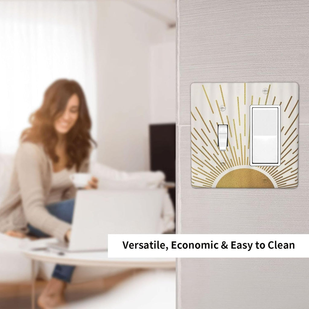 Decorative Outlet Covers Boho Mid Century Gold Sun Sunbeams 2 Gang Light Switch Cover Plate Single Toggle 1 Rocker Wall Plates for Electrical Outlets Switch Plate Covers for Bedroom Decor