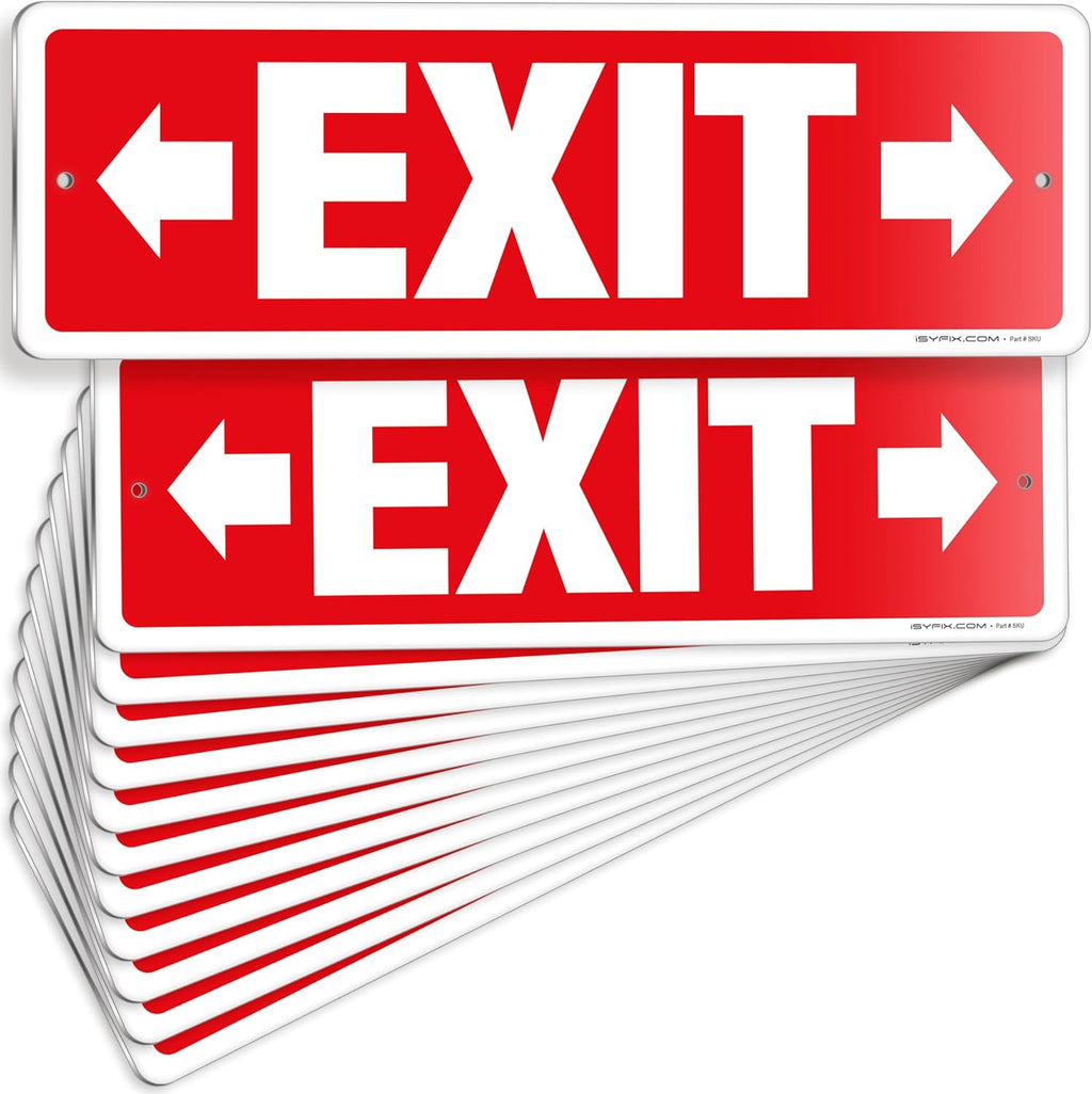 iSYFIX Exit Signs 12 Pack 12x4 Inch with Directional Right & Left Arrows - Rust Free Aluminum, Laminated for UV, Weather, Scratch Resistance - Ideal for Offices, Schools, Theaters, Restaurants