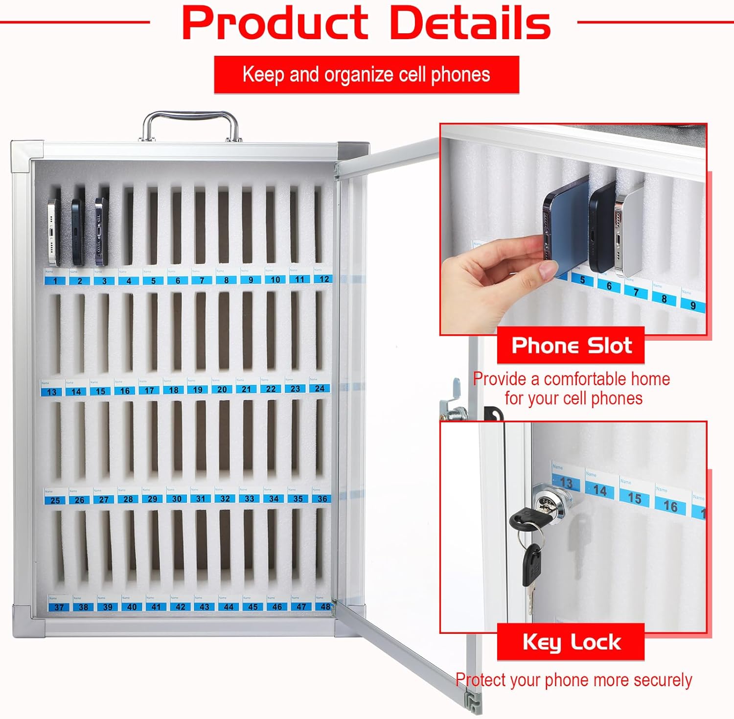 Amylove 48 Slots Cell Phone Locker Cabinet Aluminum Alloy Pocket Chart Storage Locker Box Cabinet Wall-Mounted Cell Phones Storage Box with Handle for Office Classroom Gym(Black)