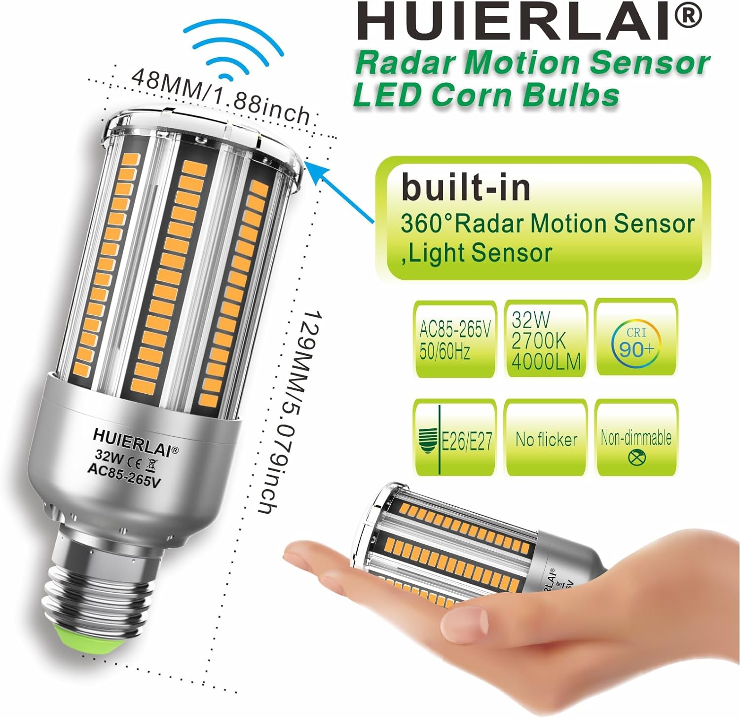 Radar Motion Sensor LED Light Bulbs, 32W Warm White 2700K 4000LM (300 Watt Equivalent) Auto Motion Detector Activated Dusk to Dawn Light for Stairway, Hallway, Porch, Garage, Driveway, Patio, 2 Pack