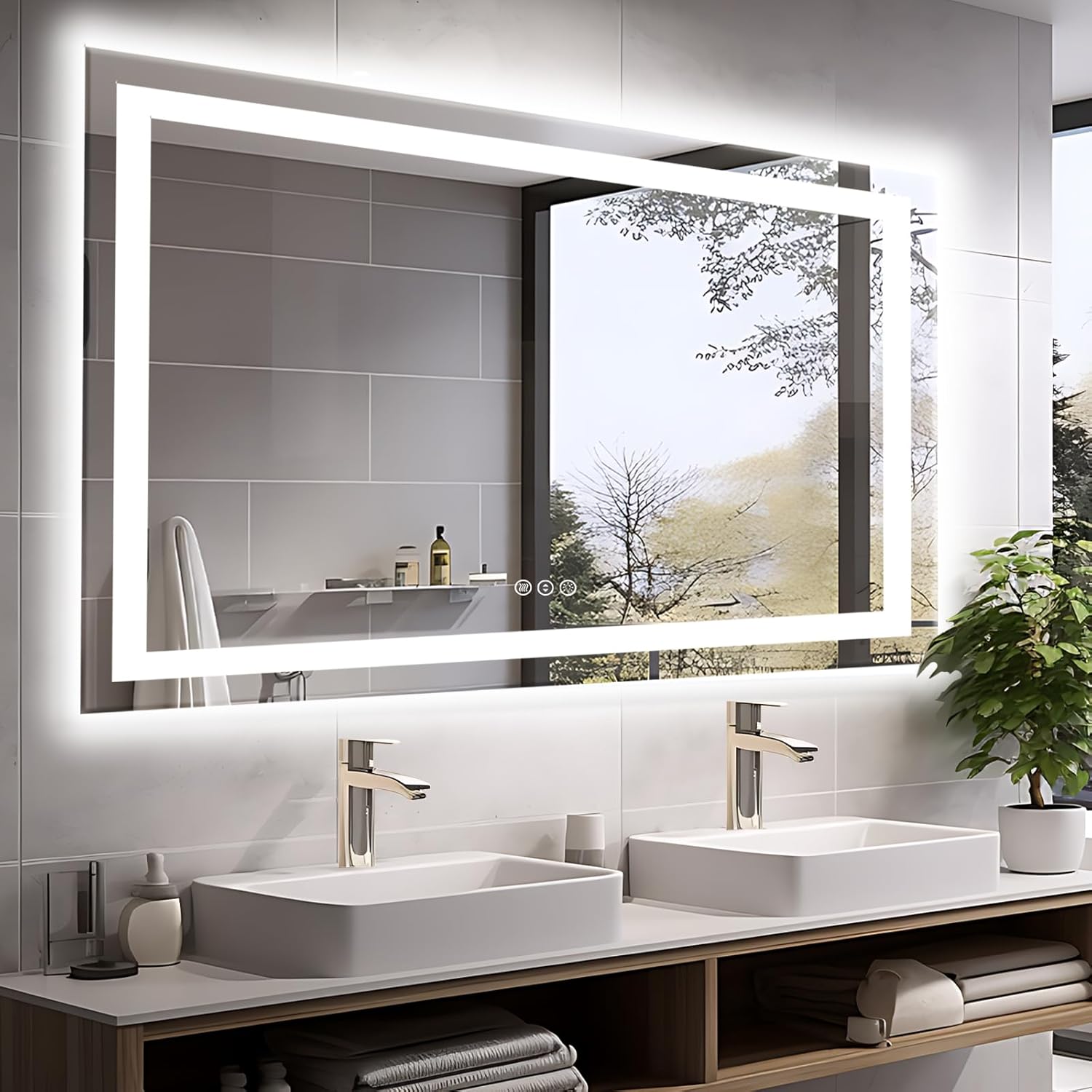 60"x40" LED Mirror for Bathroom, Front and Backlit, Anti-Fog Vanity Mirror with Lights, Stepless Dimmable Lit, 3 Colors Smart Mirror (Horizontal/Vertical)