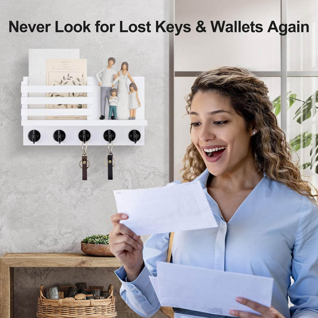 Key Holder for Wall – Decorative Wooden Mail Holder and Key Shelf with Mounting Hardware, Installation Guide – Paulownia Wood with 5 Metal Key Hooks (11.8” x 6.7” x 2.8”)