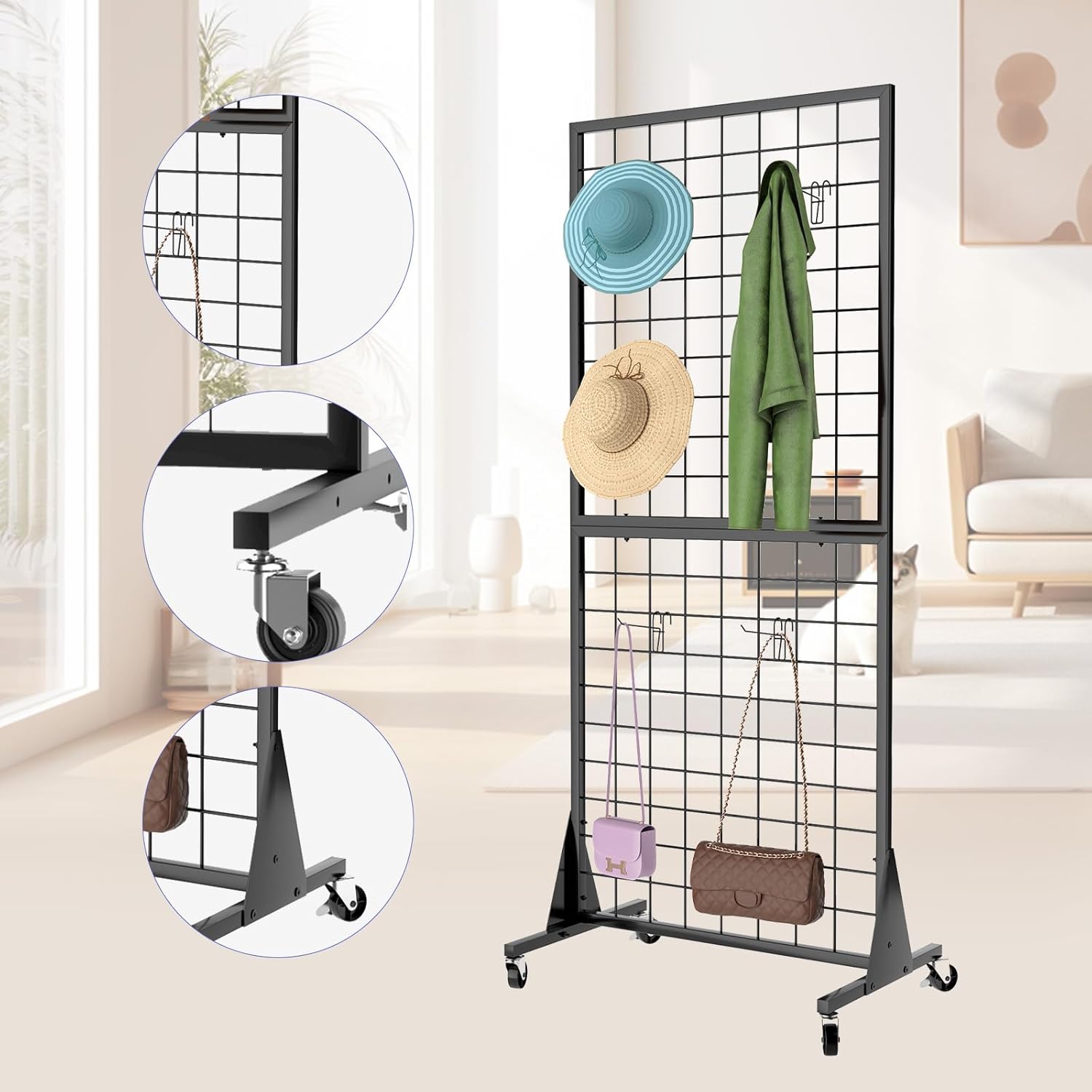 3-Pack 2'x5.5' Ft Gridwall Panel Display Stands Heavy Duty Floor Standing Retail Display Rack with Triangle Base for Retail Art Show With 20 Hooks Christmas and Thanksgiving Outdoor Decoration Display Stand (1)
