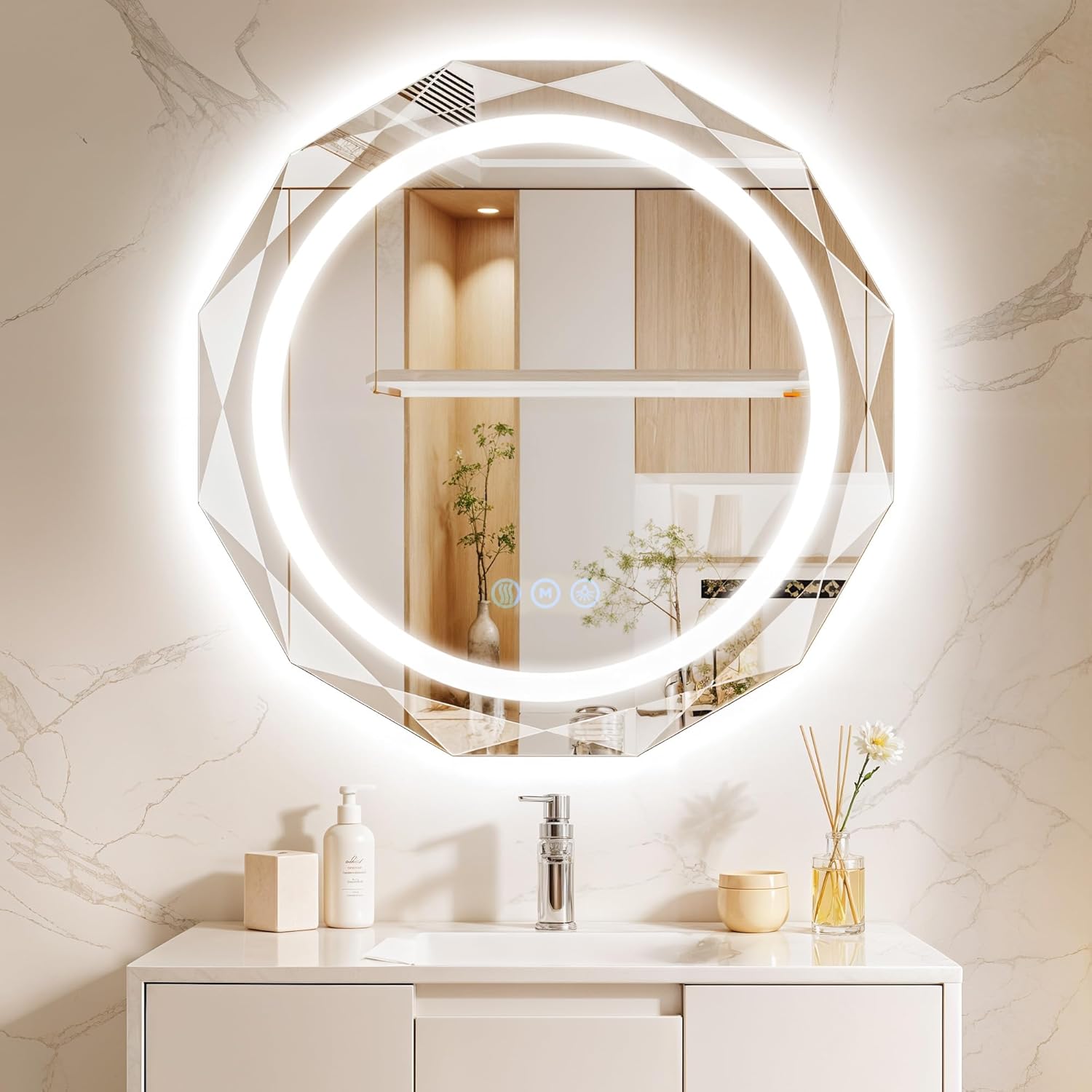 32 Inch Round LED Bathroom Mirror with Lights, Frameless Vanity LED Mirror for Bathroom with Beveled Edge, Backlit Anti-Fog, Dimmable, 3 Colors, Memory Function, Tempered Glass, Shatter-Proof