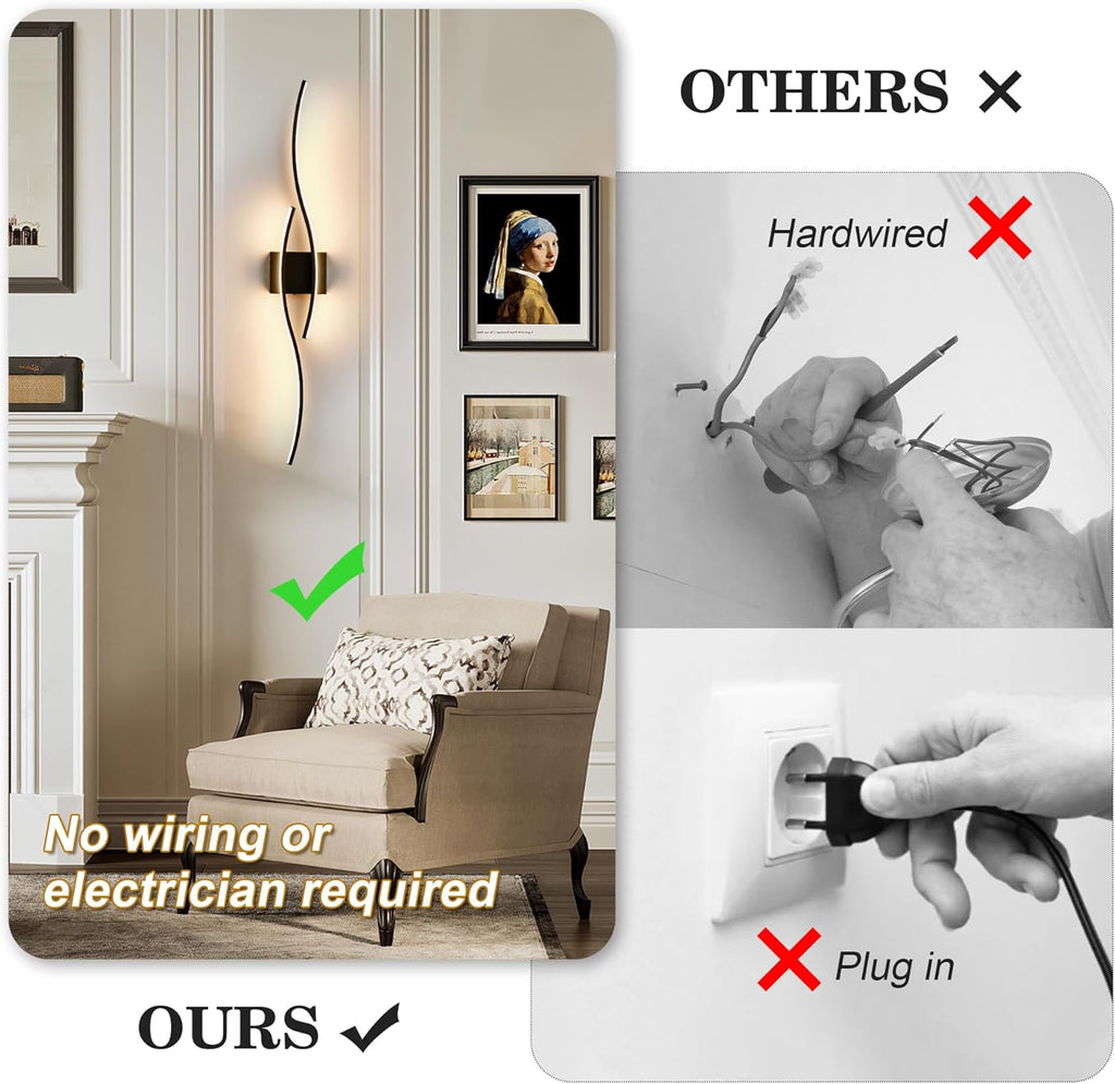 Battery Operated Wall Sconces with Remote Control, Dimmable/3 Color/Night-Light/Timer/Memory, Black Modern Wireless LED Sconce for Living Room, Hallway, Bedroom, 39.3 Inch (1 Pack)