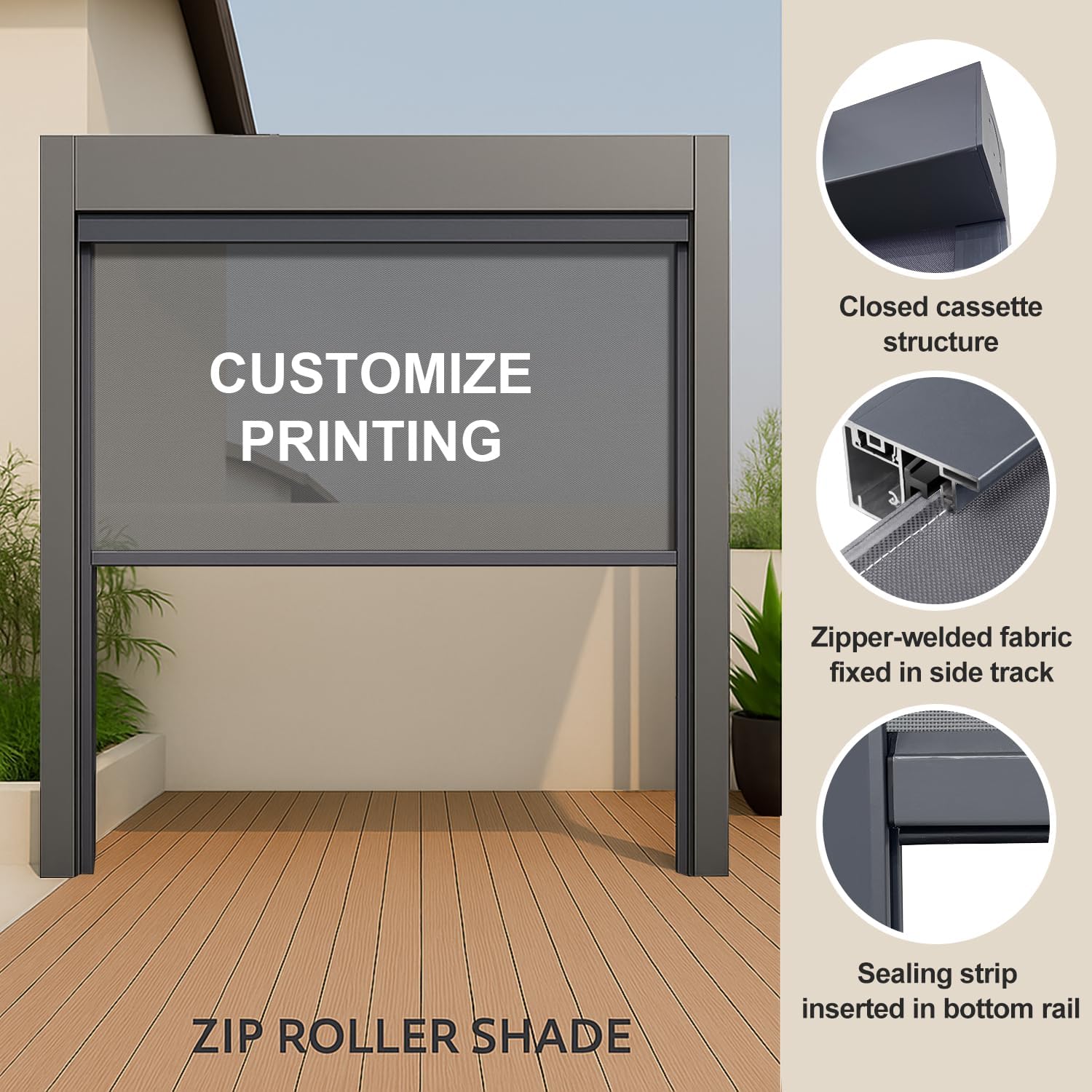 ZSHINE Hard-Wired Outdoor Snow Blocking Weatherproof Motorized Patio Roller Shades Remote Control for Porch Balcony Customized Size (Printing 10% Openness)