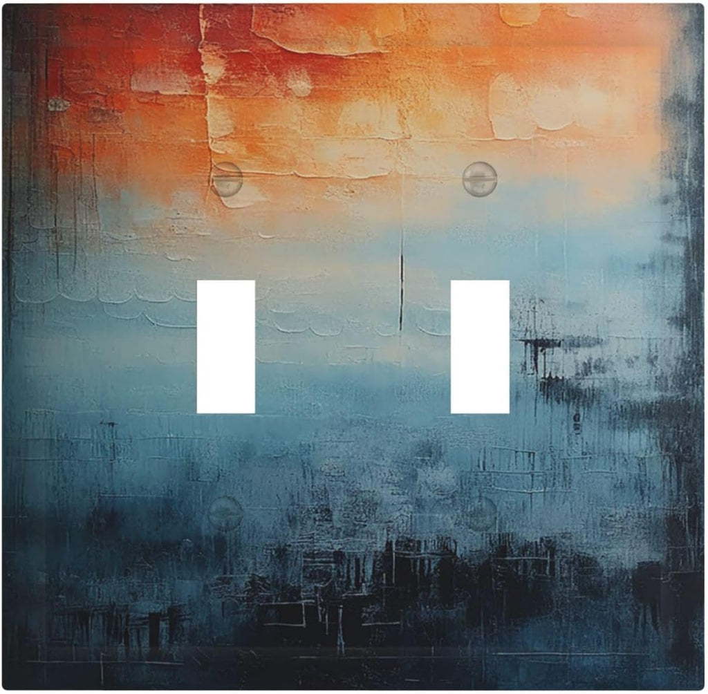 Blue Orange Abstract Modern Minimalist Oil Painting 2 Gang Double Toggle Light Switch Cover Decorative Switchplate Electrical Wall Plates Faceplate for Bathroom Bedroom Decor 4.9 X 5 IN