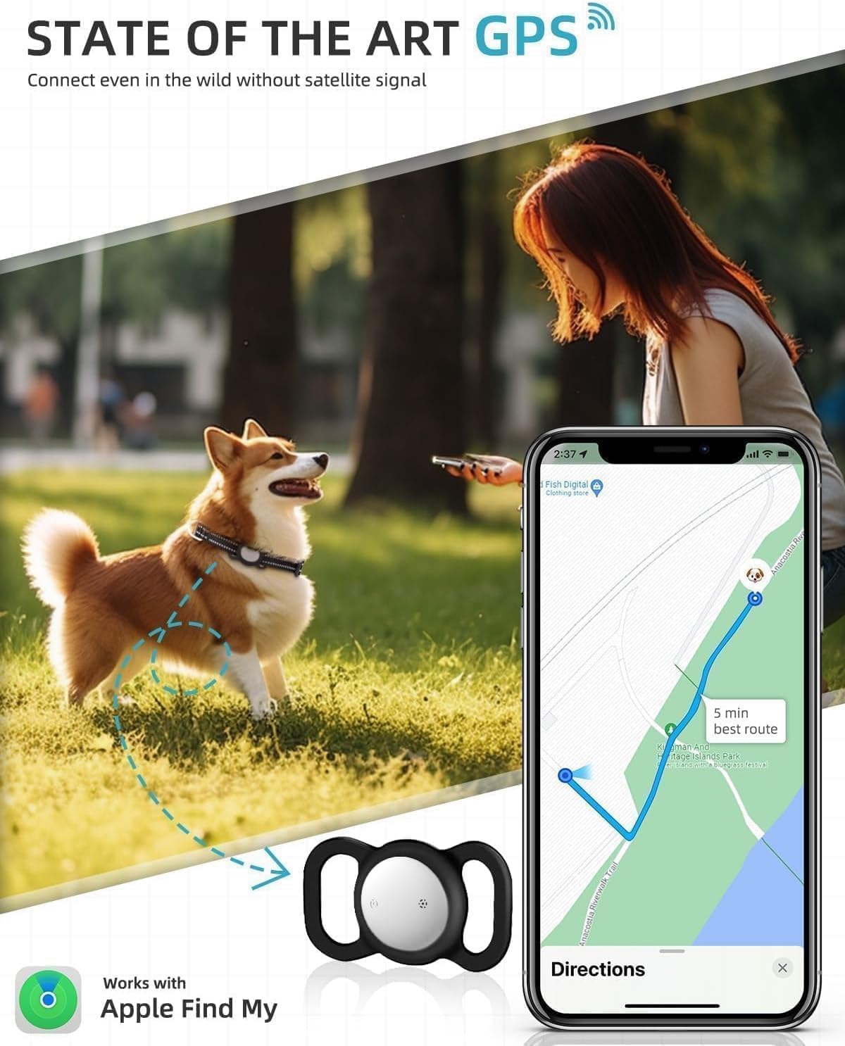 GPS Tracker for Dogs (1 Pack), Mini GPS Cat Tracker, Smart Pet Activity Tracker (iOS Only), No Monthly Fee, Compatible with Apple Find My, Anti-Lost, Finder Tag for Vehicles/Pets/Items