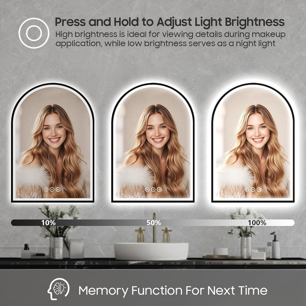 20x30 Inch Arch LED Bathroom Mirror, Black Lighted Bathroom Mirrors Wall Mounted, Vanity Mirror with Anti-Fog, Memory Function, 3 Color Temperature, Dimmable Led Mirror for Bathroom