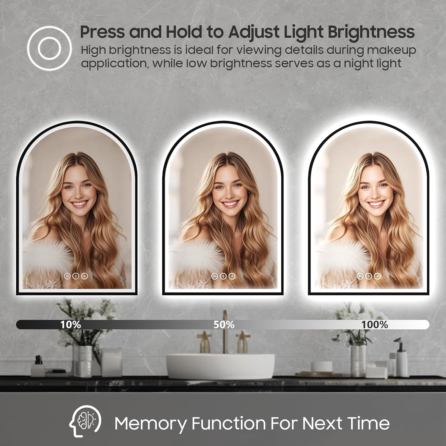 20x30 Inch Arch LED Bathroom Mirror, Black Lighted Bathroom Mirrors Wall Mounted, Vanity Mirror with Anti-Fog, Memory Function, 3 Color Temperature, Dimmable Led Mirror for Bathroom