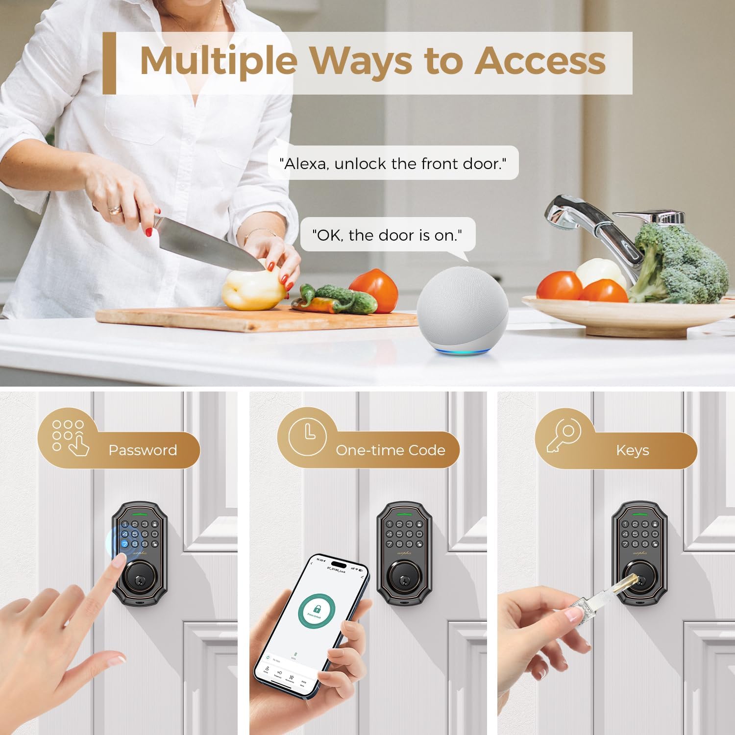 Arpha Keyless Entry Door Lock, WiFi Smart Keypad Front Door Deadbolt, Supports Amazon Alexa Voice Control, Google Assistant, Online App Control, Anti-Peeping Password, One-Time Code, Auto Lock