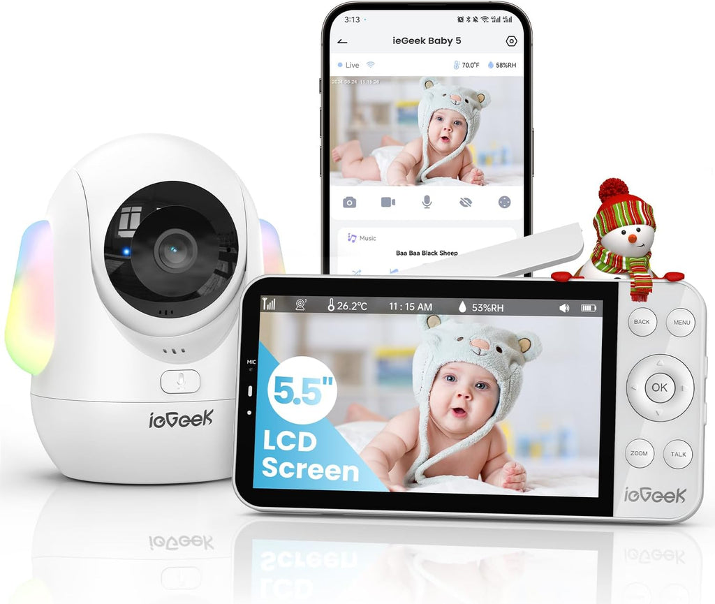 ieGeek 5.5" Baby Monitor,Audio Monitor with 2.5K Ultra HD 2.4G&5Ghz WiFi Camera,Night Light,Face Covering&Cry Detection,Two-Way Talk,Night Vision,Temp&Humidity Sensor,4000mAh Battery,App Control
