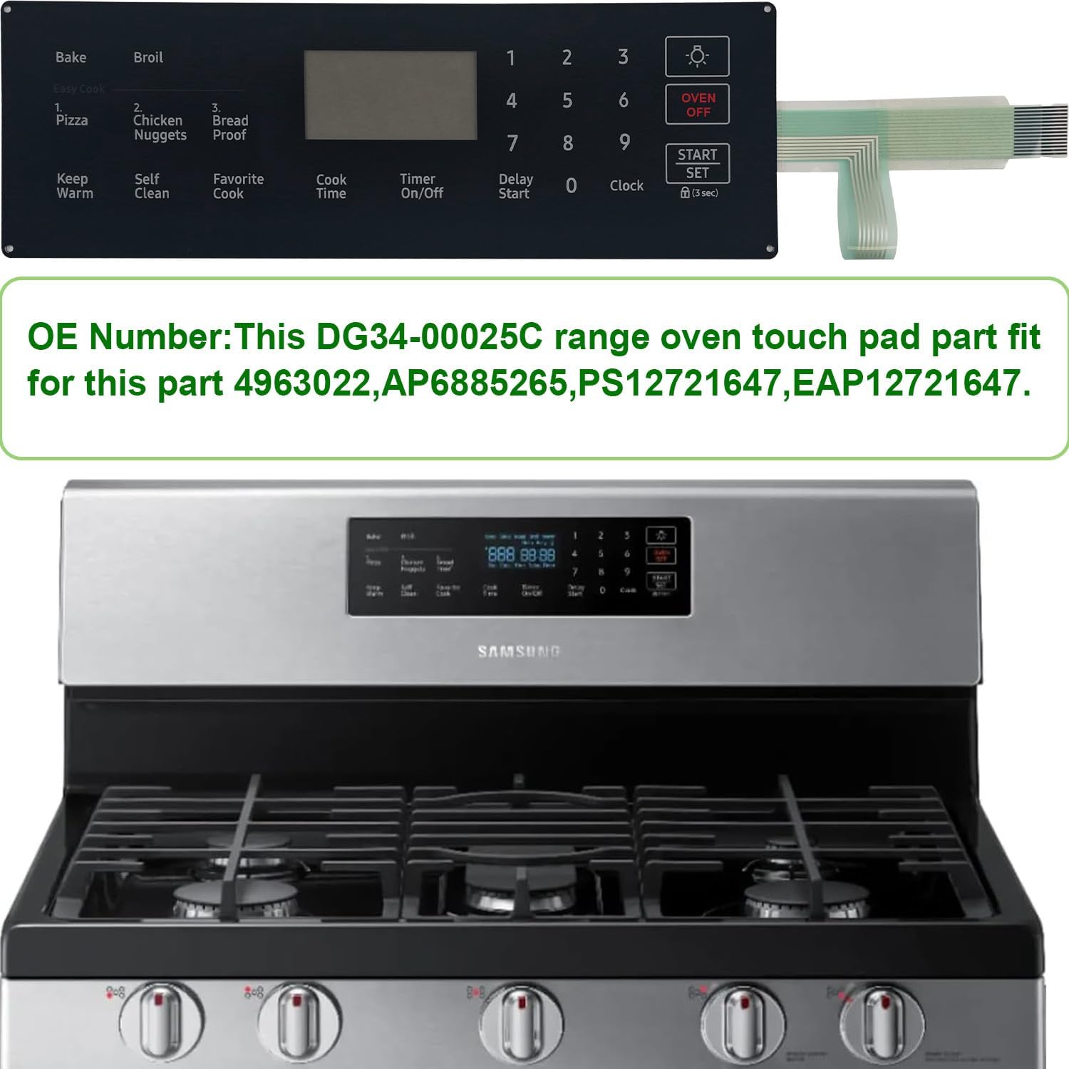 DG34-00025C Range Membrane Switch Touchpad Overlay-Compatible with Samsung Stove/Oven NX58R4311SS/NX58R4311SG,Replaces 4963022/AP6885265/PS12721647