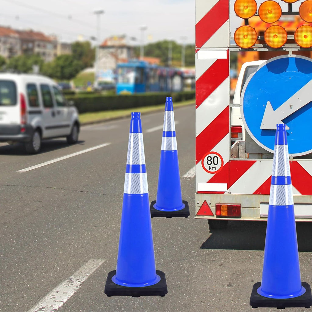6 Pack 36 Inch Blue Heavy Duty PVC Cones with Stable Black Base, Professional Traffic Management, Parking Lots, Highway Safety, Work Sites (6, Blue, 36 Inch)
