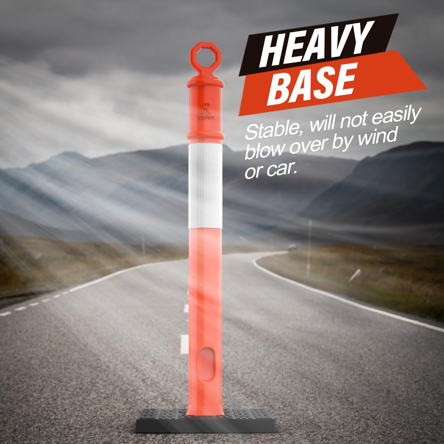 RoadHero 45 Inch Delineator Post with Base, Portable Orange Traffic Delineator Posts Cones with Reflective Collars for Parking Lots, Road Safety, Construction Events 3 Pack