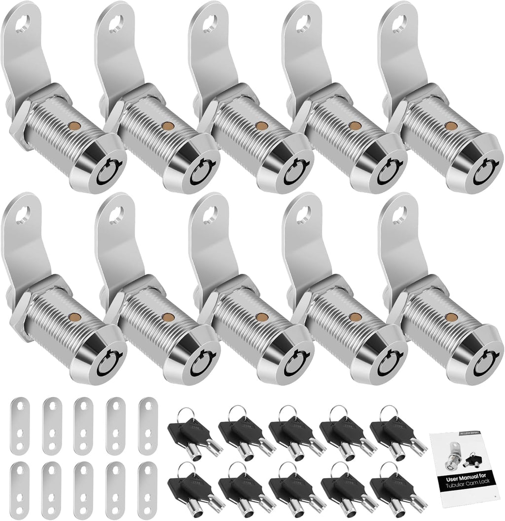 10 Pack Cabinet Lock with Keys, 1" RV Storage Locks Keyed Alike, RV Locks for Storage Door, Camper Toolbox RV Cam Locks with Manual(10Pack, 1 Inch)