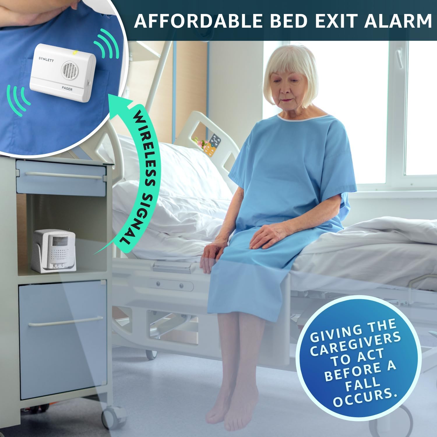 Bed Alarm Caregiver Pager with 2 Wireless Motion Sensors Alarm Indoor Fall Prevention for Elderly Monitoring Seniors Dementia Patients Seniors Home Door Chime