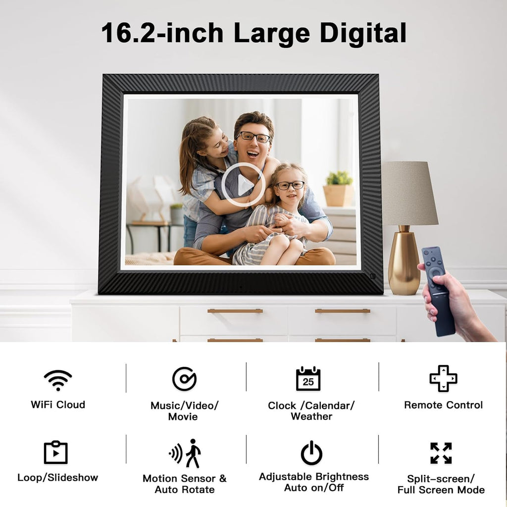 Large Digital Photo Frame 16.2"-Digital-Picture-Frame - 32GB Dual-WiFi Digital Frame, No Touch Screen, Slideshow, Load Photo Video from Phone via APP Email, Free Cloud Storage, Gift for Mom Dad