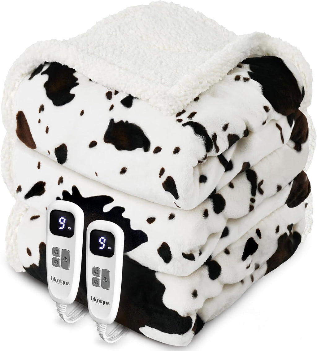 Cow Print Heated Electric Blanket King Size-Dual Control Heating Blanket King Size with 10 Heat Levels & 10 Hours Auto-Off, Cozy Soft Fleece Sherpa, Washable, 90x100 Inches Cow Print White