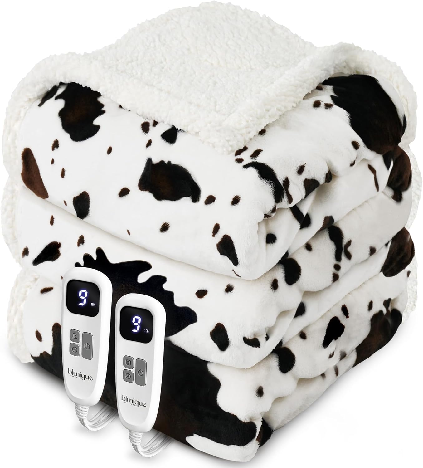 Cow Print Heated Electric Blanket King Size-Dual Control Heating Blanket King Size with 10 Heat Levels & 10 Hours Auto-Off, Cozy Soft Fleece Sherpa, Washable, 90x100 Inches Cow Print White