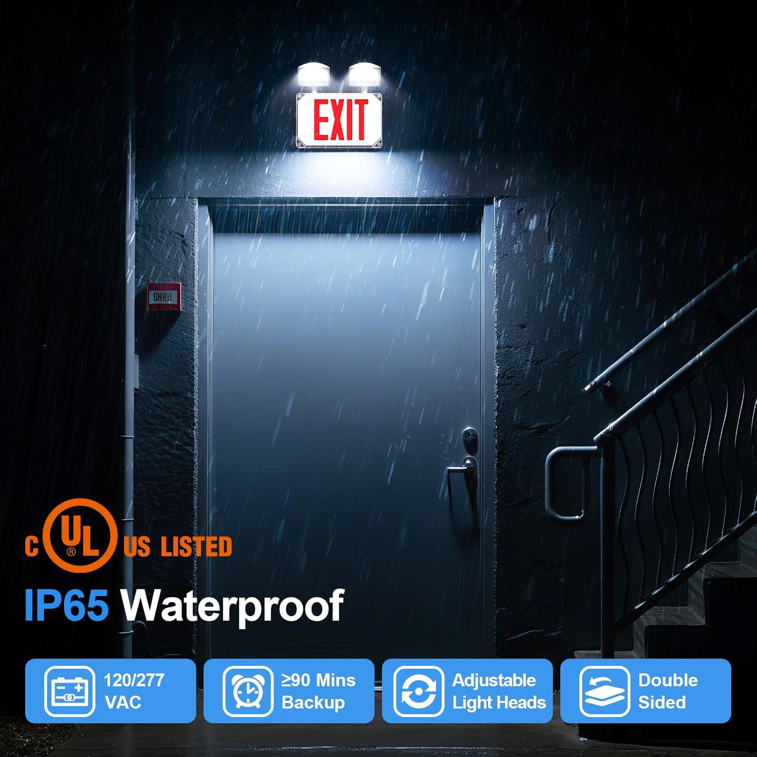 Wet Location Emergency Exit Signs with Adjustable Lights Battery Backup, UL Listed Double Face Exterior Led Exit Sign Combo, Hardwired Waterproof Red Exit Light, AC120/277V, Wall/Side Mount (2 Pack)